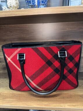 Burberry Nova Check Red Black Plaid Tote Bag with Black Leather Trim with coa